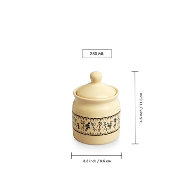 'Art Of Warli' Multi-Purpose Ceramic Pickle & Chutney Jar (Non Air-Tight, 280 ml, Handcrafted)