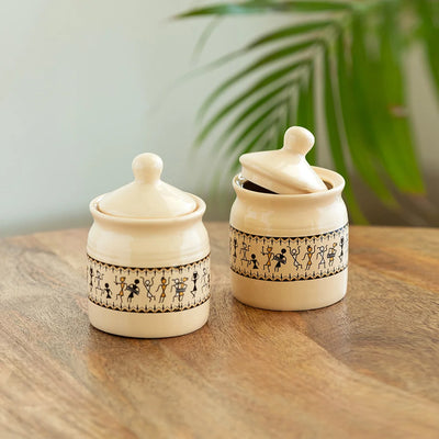 'Art Of Warli' Multi-Purpose Ceramic Pickle & Chutney Jar Set (Non Air-Tight, Set of 2, 280 ml, Handcrafted)