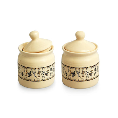 'Art Of Warli' Multi-Purpose Ceramic Pickle & Chutney Jar Set (Non Air-Tight, Set of 2, 280 ml, Handcrafted)