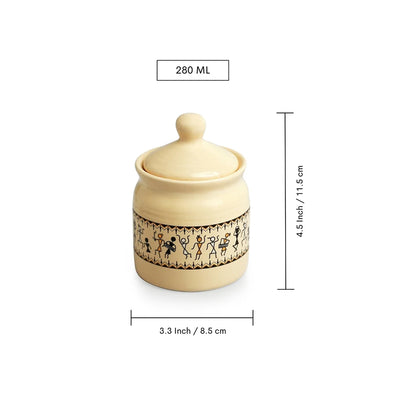 'Art Of Warli' Multi-Purpose Ceramic Pickle & Chutney Jar Set (Non Air-Tight, Set of 2, 280 ml, Handcrafted)