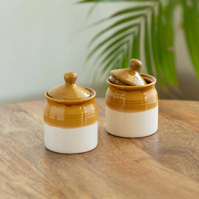 'Old Martaban' Multi-Purpose Ceramic Pickle & Chutney Jar Set (Non Air-Tight, Set of 2, 280 ml, Hand Glazed)