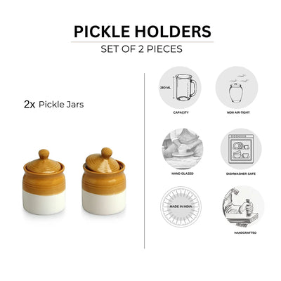 'Old Martaban' Multi-Purpose Ceramic Pickle & Chutney Jar Set (Non Air-Tight, Set of 2, 280 ml, Hand Glazed)