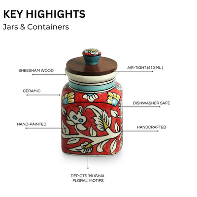 'Mughal Classic' Multi-Purpose Storage Jar & Container In Ceramic (Air-Tight, 410 ml, Hand-Painted)