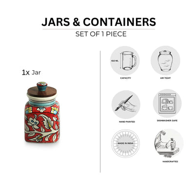 'Mughal Classic' Multi-Purpose Storage Jar & Container In Ceramic (Air-Tight, 410 ml, Hand-Painted)