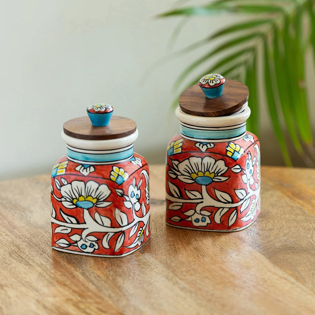 'Mughal Classic' Multi-Purpose Storage Jars Containers In Ceramic (Air-Tight, Set of 2, 410 ml, Hand-Painted)
