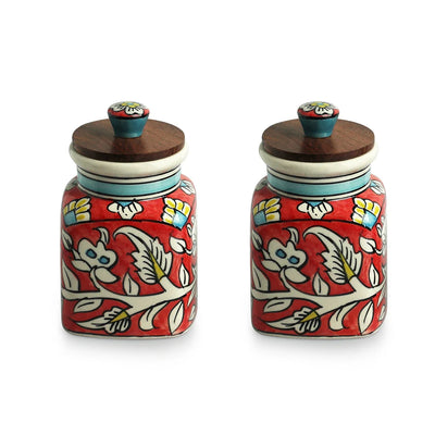 'Mughal Classic' Multi-Purpose Storage Jars & Containers In Ceramic (Air-Tight, Set of 2, 410 ml, Hand-Painted)