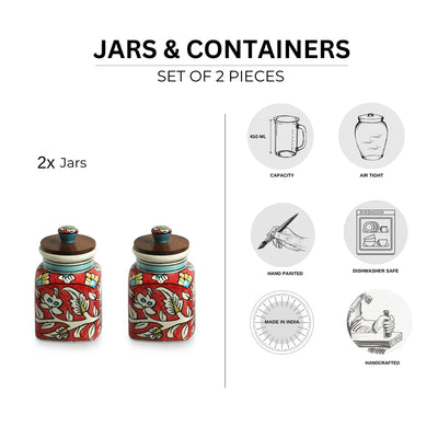 'Mughal Classic' Multi-Purpose Storage Jars & Containers In Ceramic (Air-Tight, Set of 2, 410 ml, Hand-Painted)