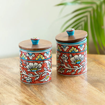 'Mughal Barrel' Multi-Purpose Storage Jars & Containers In Ceramic (Air-Tight, Set of 2, 420 ml, Hand-Painted)