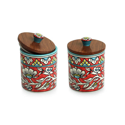 'Mughal Barrel' Multi-Purpose Storage Jars & Containers In Ceramic (Air-Tight, Set of 2, 420 ml, Hand-Painted)