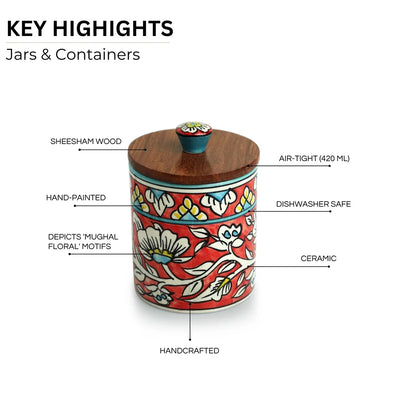 'Mughal Barrel' Multi-Purpose Storage Jars & Containers In Ceramic (Air-Tight, Set of 2, 420 ml, Hand-Painted)