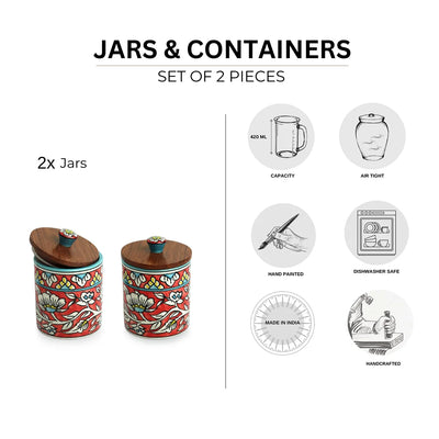 'Mughal Barrel' Multi-Purpose Storage Jars & Containers In Ceramic (Air-Tight, Set of 2, 420 ml, Hand-Painted)