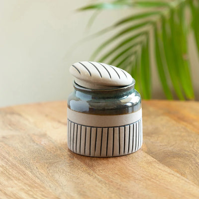 'Pine Incise' Multi-Purpose Ceramic Pickle & Chutney Jar (Non Air-Tight, 480 ml, Hand-Painted)