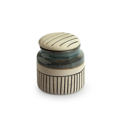 'Pine Incise' Multi-Purpose Ceramic Pickle & Chutney Jar (Non Air-Tight, 480 ml, Hand-Painted)