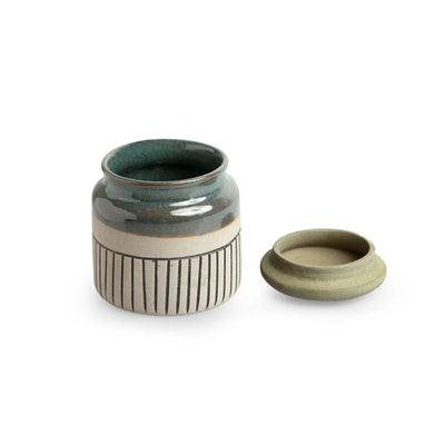 'Pine Incise' Multi-Purpose Ceramic Pickle & Chutney Jar (Non Air-Tight, 480 ml, Hand-Painted)