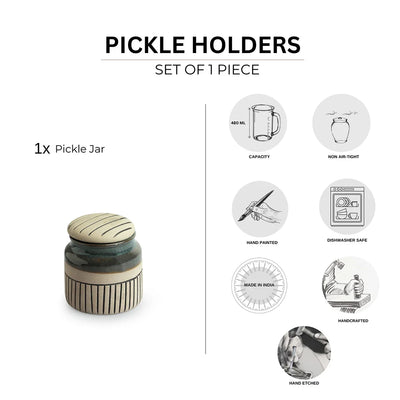 'Pine Incise' Multi-Purpose Ceramic Pickle & Chutney Jar (Non Air-Tight, 480 ml, Hand-Painted)