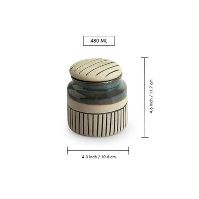 'Pine Incise' Multi-Purpose Ceramic Pickle & Chutney Jar (Non Air-Tight, 480 ml, Hand-Painted)