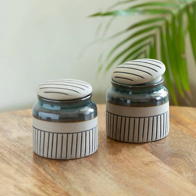 'Pine Incise' Multi-Purpose Ceramic Pickle & Chutney Jar Set (Non Air-Tight, Set of 2, 480 ml, Hand-Painted)