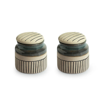 'Pine Incise' Multi-Purpose Ceramic Pickle & Chutney Jar Set (Non Air-Tight, Set of 2, 480 ml, Hand-Painted)