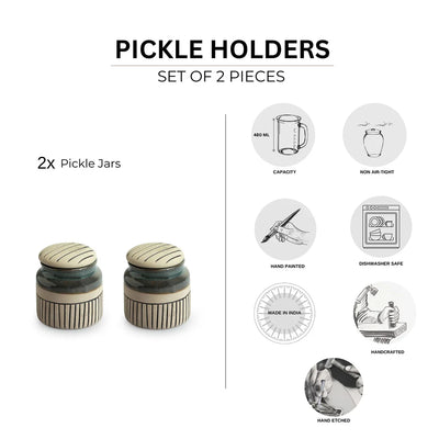 'Pine Incise' Multi-Purpose Ceramic Pickle & Chutney Jar Set (Non Air-Tight, Set of 2, 480 ml, Hand-Painted)