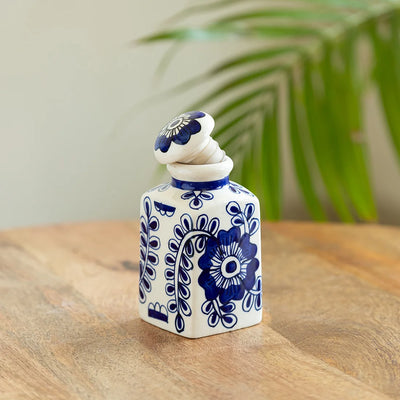 'Mughal Floral' Multi-Purpose Storage Jar & Container In Ceramic (Air-Tight, 220 ml, Hand-Painted)