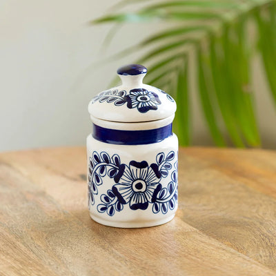 'Mughal Floral' Multi-Purpose Storage Jar & Container In Ceramic (Air-Tight, 420 ml, Hand-Painted)