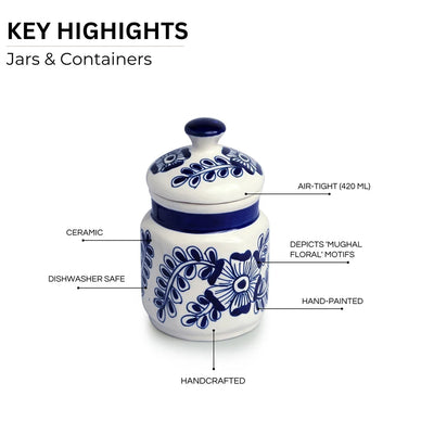 'Mughal Floral' Multi-Purpose Storage Jar & Container In Ceramic (Air-Tight, 420 ml, Hand-Painted)