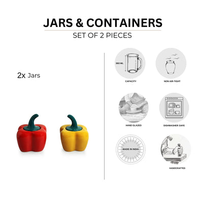 'Bell Peppers' Multi-Purpose Storage Jars & Containers In Ceramic (Non Air-Tight, Set of 2, 360 ml, Hand Glazed)