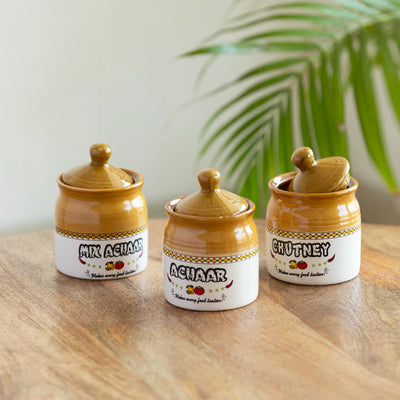 'Old Martaban' Multi-Purpose Ceramic Pickle & Chutney Jar Set (Non Air-Tight, Set of 3, 280 ml, Handcrafted)