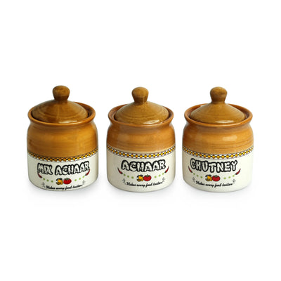 'Old Martaban' Multi-Purpose Ceramic Pickle & Chutney Jar Set (Non Air-Tight, Set of 3, 280 ml, Handcrafted)