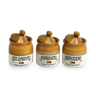 'Old Martaban' Multi-Purpose Ceramic Pickle & Chutney Jar Set (Non Air-Tight, Set of 3, 280 ml, Handcrafted)