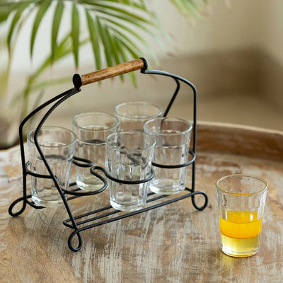 'Rail Express' Chai/Tea Glasses With Iron Holder (6 Glasses)