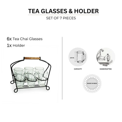 'Rail Express' Chai/Tea Glasses With Iron Holder (6 Glasses)