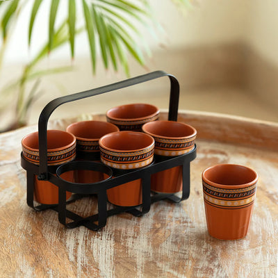 'Geometric' Chai/Tea Glasses With Iron Holder (6 Glasses)