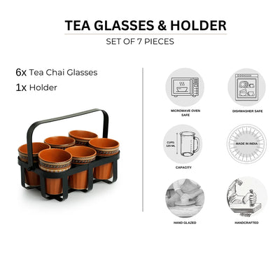 'Geometric' Chai/Tea Glasses With Iron Holder (6 Glasses)