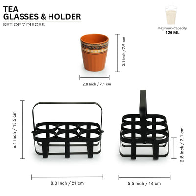 'Geometric' Chai/Tea Glasses With Iron Holder (6 Glasses)