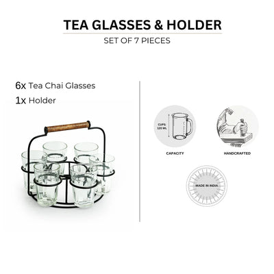 'Rail Express' Chai/Tea Glasses With Iron Holder (6 Glasses)