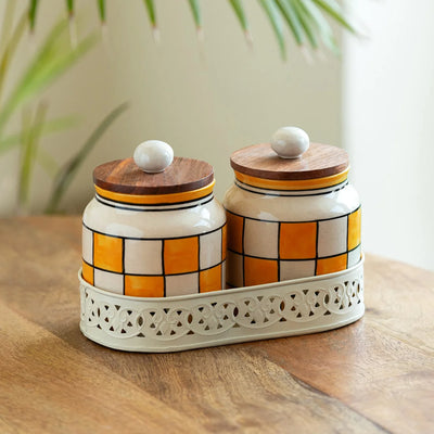 'Shatranj Checkered' Multi-Purpose Storage Jars & Containers In Ceramic With Iron Tray  (Air-Tight, Set Of 2, 410 ml, Hand-Painted)