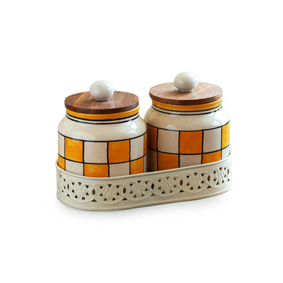 'Shatranj Checkered' Multi-Purpose Storage Jars & Containers In Ceramic With Iron Tray  (Air-Tight, Set Of 2, 410 ml, Hand-Painted)