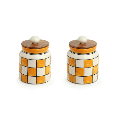 'Shatranj Checkered' Multi-Purpose Storage Jars & Containers In Ceramic With Iron Tray  (Air-Tight, Set Of 2, 410 ml, Hand-Painted)