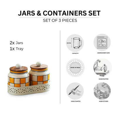 'Shatranj Checkered' Multi-Purpose Storage Jars & Containers In Ceramic With Iron Tray  (Air-Tight, Set Of 2, 410 ml, Hand-Painted)