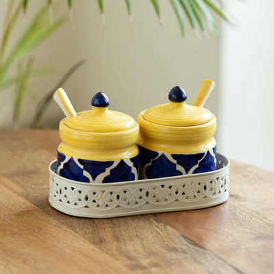 'Moroccan' Multi-Purpose Ceramic Pickle & Chutney Jar Set With Spoons & Iron Tray (Non Air-Tight, Set Of 2, 280 ml, Hand-Painted)