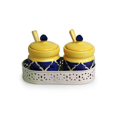 'Moroccan' Multi-Purpose Ceramic Pickle & Chutney Jar Set With Spoons & Iron Tray (Non Air-Tight, Set Of 2, 280 ml, Hand-Painted)