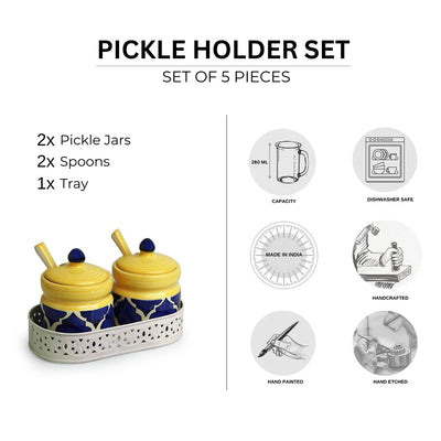 'Moroccan' Multi-Purpose Ceramic Pickle & Chutney Jar Set With Spoons & Iron Tray (Non Air-Tight, Set Of 2, 280 ml, Hand-Painted)