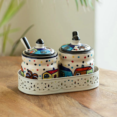 'The Hut' Multi-Purpose Ceramic Pickle & Chutney Jar Set With Spoons & Iron Tray (Non Air-Tight, Set Of 2, 280 ml, Hand-Painted)