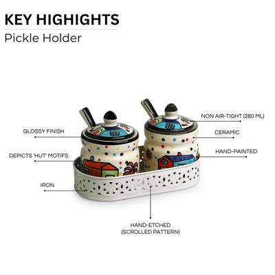 'The Hut' Multi-Purpose Ceramic Pickle & Chutney Jar Set With Spoons & Iron Tray (Non Air-Tight, Set Of 2, 280 ml, Hand-Painted)