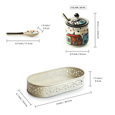 'The Hut' Multi-Purpose Ceramic Pickle & Chutney Jar Set With Spoons & Iron Tray (Non Air-Tight, Set Of 2, 280 ml, Hand-Painted)