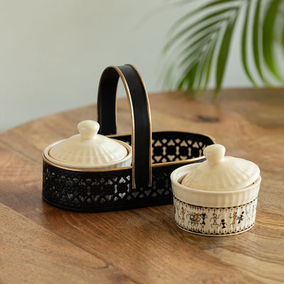 'Whispers of Warli' Multi-Purpose Ceramic Pickle & Chutney Jar Set With Spoons & Iron Holder (Non Air-Tight, Set Of 2, 160 ml, Handcrafted)