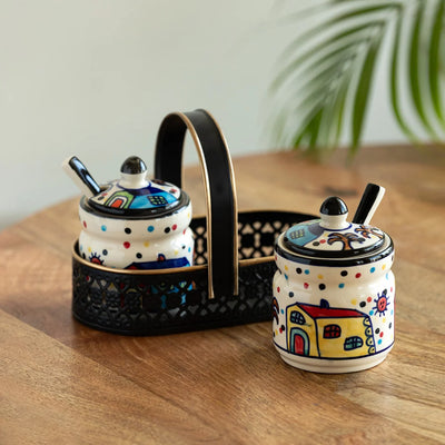 'The Hut' Multi-Purpose Ceramic Pickle & Chutney Jar Set With Spoons & Iron Holder (Non Air-Tight, Set Of 2, 280 ml, Hand-Painted)