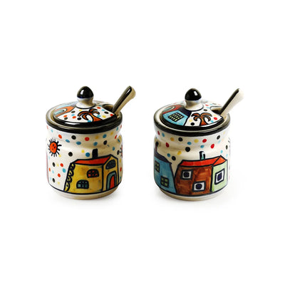 'The Hut' Multi-Purpose Ceramic Pickle & Chutney Jar Set With Spoons & Iron Holder (Non Air-Tight, Set Of 2, 280 ml, Hand-Painted)