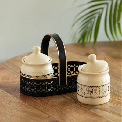 'Art of Warli' Multi-Purpose Ceramic Pickle & Chutney Jar Set With Iron Holder (Non Air-Tight, Set Of 2, 280 ml, Handcrafted)